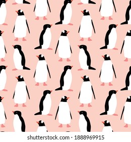 Seamless pattern with penguin. Cute cartoon character. Antarctica bird.