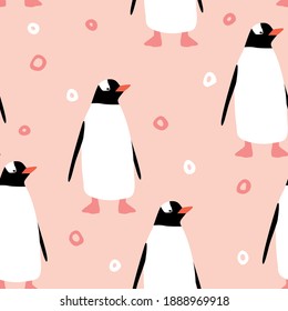 Seamless pattern with penguin. Cute cartoon character. Antarctica bird.