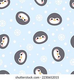 Seamless pattern of penguin faces, snowflakes and dots on a blue background. Kawaii style. Cartoon character design.