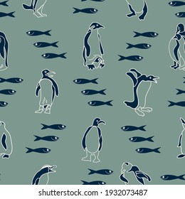 seamless pattern with penguin and fich, vector design for paper, fabric.