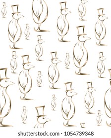Seamless pattern of a penguin in a hat. Vector of the golden penguin