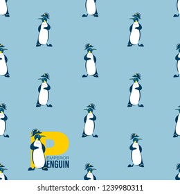 Seamless pattern with a penguin in a headdress of Napoleon. Light blue background. Design for can be used for environmental posters, thematic site, template for textiles and packaging materials.