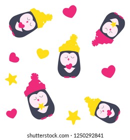 Seamless pattern with a penguin, hearts and stars