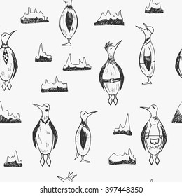 Seamless pattern with penguin and iceberg. Vector.
