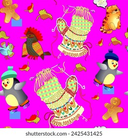 seamless pattern with penguin and mitten