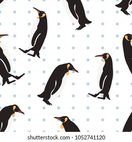 Seamless pattern penguin on Sky blue polka dot background.printing wallpaper.vector illustration