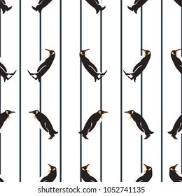 Seamless pattern penguin on Vertical Lines background.printing wallpaper.vector illustration