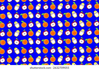 Padrão sem emenda com pássaros amarelos bonitos, maçãs vermelhas e frutas laranja. Este design vibrante e brincalhão é perfeito para produtos infantis, têxteis, papéis de parede e fundos digitais.