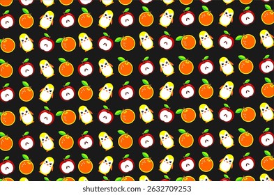Seamless pattern of penguin, red apple, and orange fruit. Cute kawaii penguin pattern background. Fruits pattern background. Cartoon penguin and fruits illustration. Cartoon penguin icon. Fruits icon.