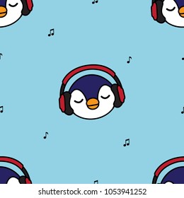 Seamless pattern penguin with red headphones and music note on blue background, vector illustration