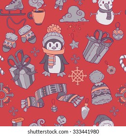 seamless pattern with penguin, scarf, present, gloves and snowflakes.  Christmas winter background in red and gray colors