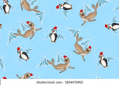 Seamless pattern with penguin and seal on blue background. Winter repeated texture with cartoon characters for winter and christmas theme. Arctic animals seamless pattern. Stock vector illustration
