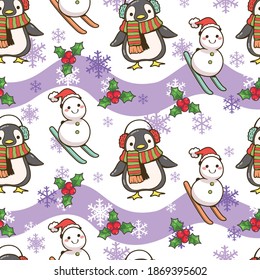 Patrón sin foco de pingüino, navidad de nieve y caricatura de copo de nieve. Temporada de invierno. Caricatura de carácter lindo. Ilustración vectorial. Papel de escritorio, fondo de página web, diseño de tarjetas y banners.