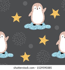 Seamless pattern with penguin, stars and clouds. Repeat  print cute animal. Design for baby