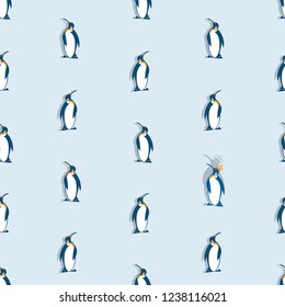 Seamless pattern with a penguin in tiara. Light blue background. Design for can be used for environmental posters, thematic site, template for textiles and packaging materials.