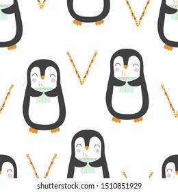 Seamless pattern with penguin and ticks. Vector illustration for printing on holiday products, packaging paper, postcards, clothing, fabric. Cute baby background. 