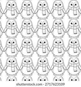 Patrón sin fisuras pingüino pájaro de Vector de dibujos animados oso polar bufanda aislada repetir Fondo de pantalla azulejo ilustración de fondo blanco doodle diseño

