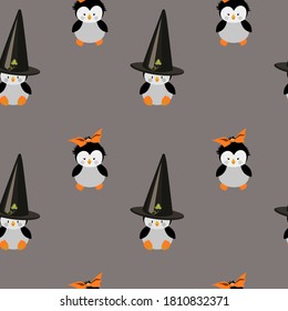 Seamless pattern with penguin. vector flat illustration. Wrapping paper. Cartoon penguin isolated on white background. Halloween elements.