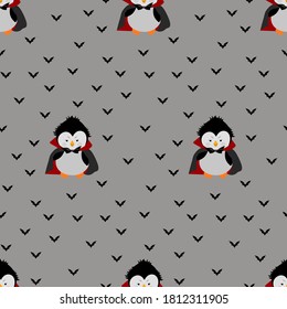 Seamless pattern with penguin. vector flat illustration. Wrapping paper. Cartoon penguin isolated  Halloween elements. Cute penguin in dracula costume.