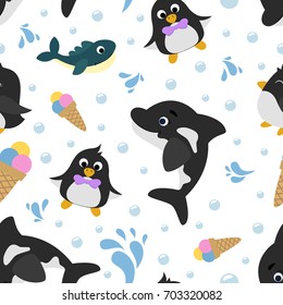 Seamless pattern with penguin, whale and ice cream. 