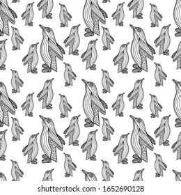 Seamless pattern with Penguin in Zen style isolated on white background. Vector outline illustration. Doodle polar animals. Design kids textile, fabric baby,wallpaper,wrapping paper, packaging design.