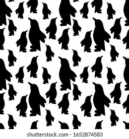 Seamless pattern with Penguin in Zen style isolated on white background. Vector silhouette illustration.Simple polar animals.Design kids textile,fabric baby,wallpaper,wrapping paper, packaging design.