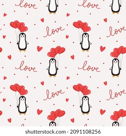 Seamless pattern with penguin,balloons and hearts. Background for wrapping paper, textile, posters, cards. Happy Valentine's day.