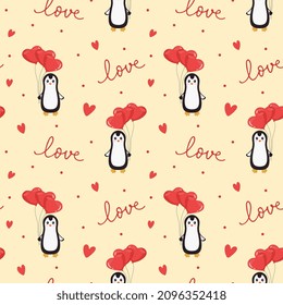 Patrón sin foco con pingüino, globos y corazones. Fondo para envolver papel, textil, carteles, tarjetas. Feliz Día de San Valentín.