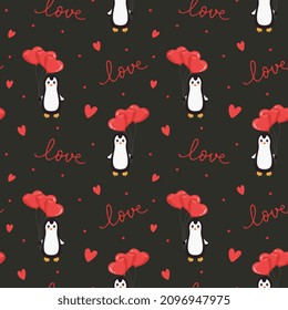 Seamless pattern with penguin,balloons and hearts. Background for wrapping paper, textile, posters, cards. Happy Valentine's day.