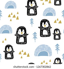 Patrón sin inconvenientes con pingüinos en la anarártida. Textura infantil de invierno creativa. Excelente para tela, vectores textiles Ilustración
