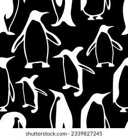 Seamless pattern of penguins in black and white for textile, background, decor, print.