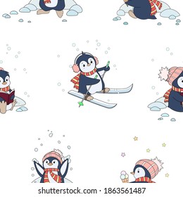 Patrón sin foco con pingüinos en estilo de caricatura para año nuevo y navidad, imagen vectorial