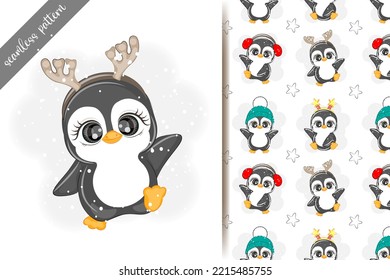 Seamless pattern with penguins for Christmas, vector illustration