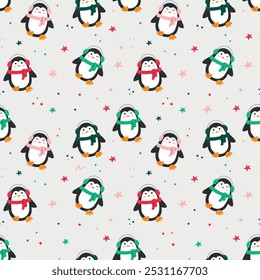 Seamless pattern with penguins in colored headphones. Christmas print for packaging, wrapping paper, textiles, greeting cards. Vector