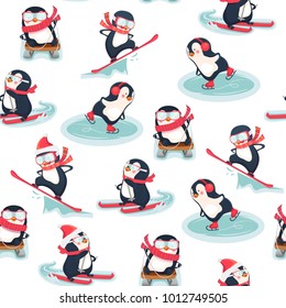 Seamless pattern with penguins. Cute penguin cartoon illustration. Animals pattern. Leisure activities in winter.