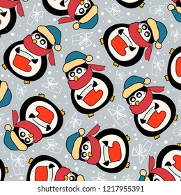 Seamless pattern with penguins. Cute penguin cartoon illustration.Vector illustration.