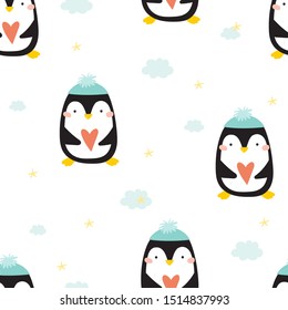 Seamless pattern with penguins. Cute penguin cartoon illustration. Animals pattern.