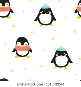 Seamless pattern with penguins. Cute penguin cartoon illustration. Animals pattern.