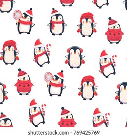 Seamless pattern with penguins. Cute penguin cartoon illustration. Animals pattern