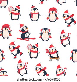 Seamless pattern with penguins. Cute penguin cartoon illustration. Animals pattern. Leisure activities in winter.