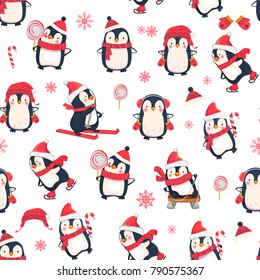 Seamless Pattern With Penguins. Cute Penguin Cartoon Illustration. Christmas Animals Pattern.