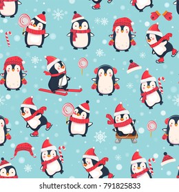 Seamless pattern with penguins. Cute penguin cartoon illustration. Christmas animals pattern.