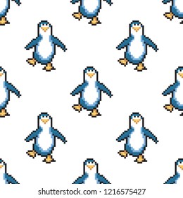 Seamless pattern with penguins. Cute pixel penguins. 8 bit vector illustration. Winter animals pattern