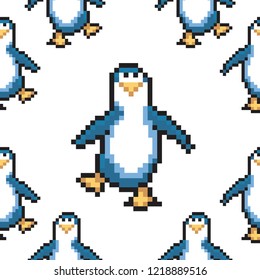 Seamless pattern with penguins. Cute pixel penguins. 8 bit vector illustration. Winter animals pattern
