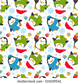 Seamless pattern of penguins in different situations. Background with new year and Christmas cartoon penguins. Vector illustration