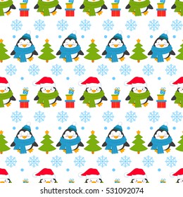 Seamless pattern of penguins in different situations. Background with new year and Christmas cartoon penguins. Vector illustration