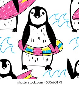 Seamless pattern with penguins. Drawing by hand in vintage style. A sketch, an ink drawing. Cute children's background. Bright, summer colors.