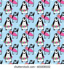 Seamless pattern with penguins. Drawing by hand in vintage style. A sketch, an ink drawing. Cute children's background. Bright, summer colors.