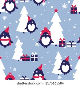 Seamless pattern, penguins, fir trees, snow, gifts, hand drawn overlapping backdrop. Colorful background vector. Design illustration. Decorative wallpaper, good for printing. Happy New Year. Winter