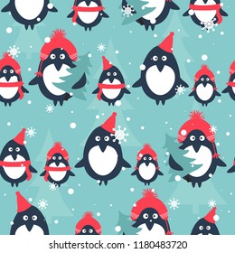 Seamless pattern, penguins, fir trees, snow, hand drawn overlapping backdrop. Colorful background vector. Design illustration. Decorative wallpaper, good for printing. Happy New Year. Winter time